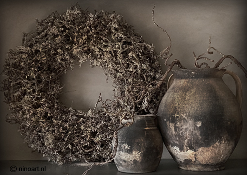Namaak tij lijn Spatscherm sobere antieke potten met krans 60x90 cm - Ninoart