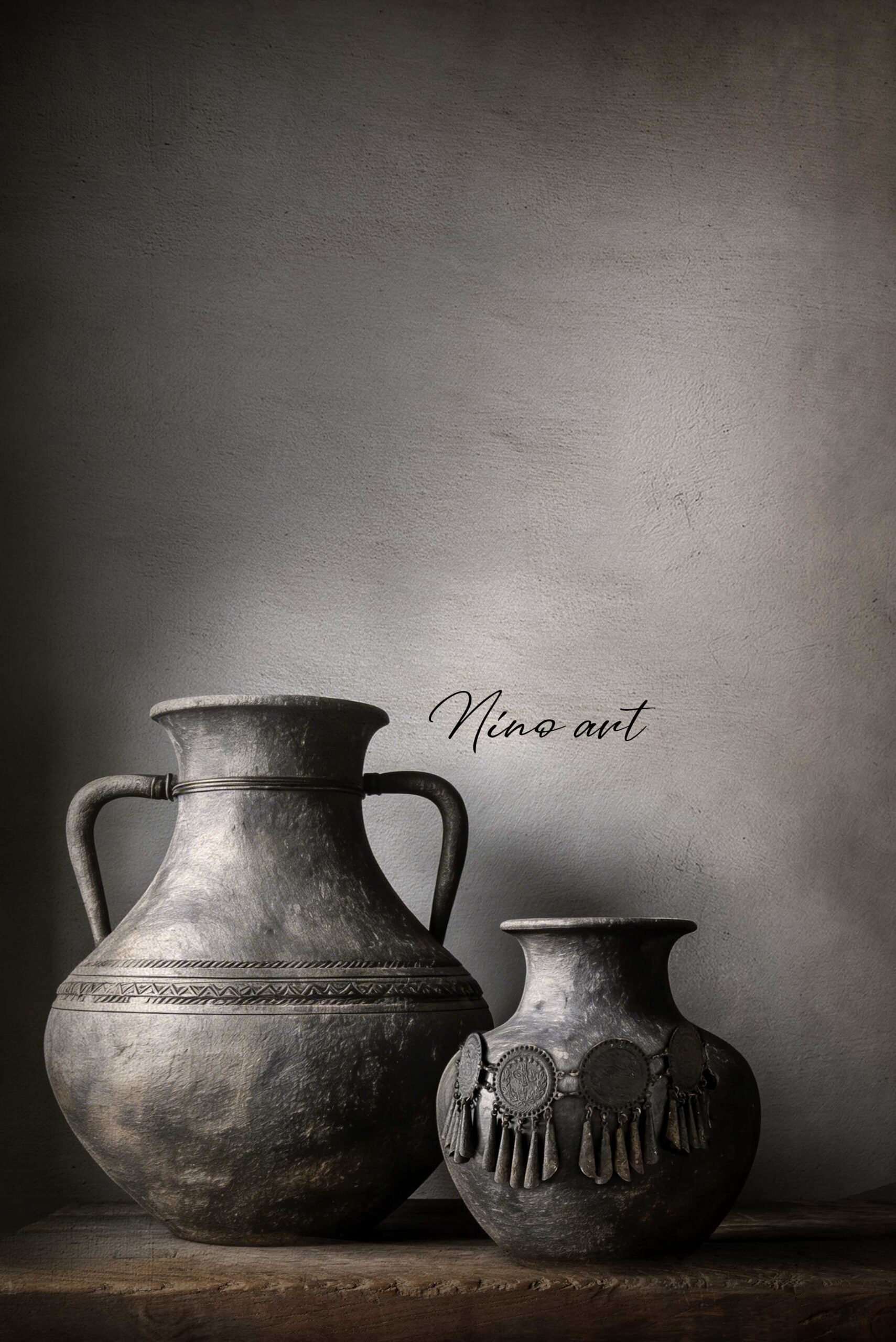 z-lijst-grijze-potten Schilderij van fluweel "de Potterie" - Afbeelding 1