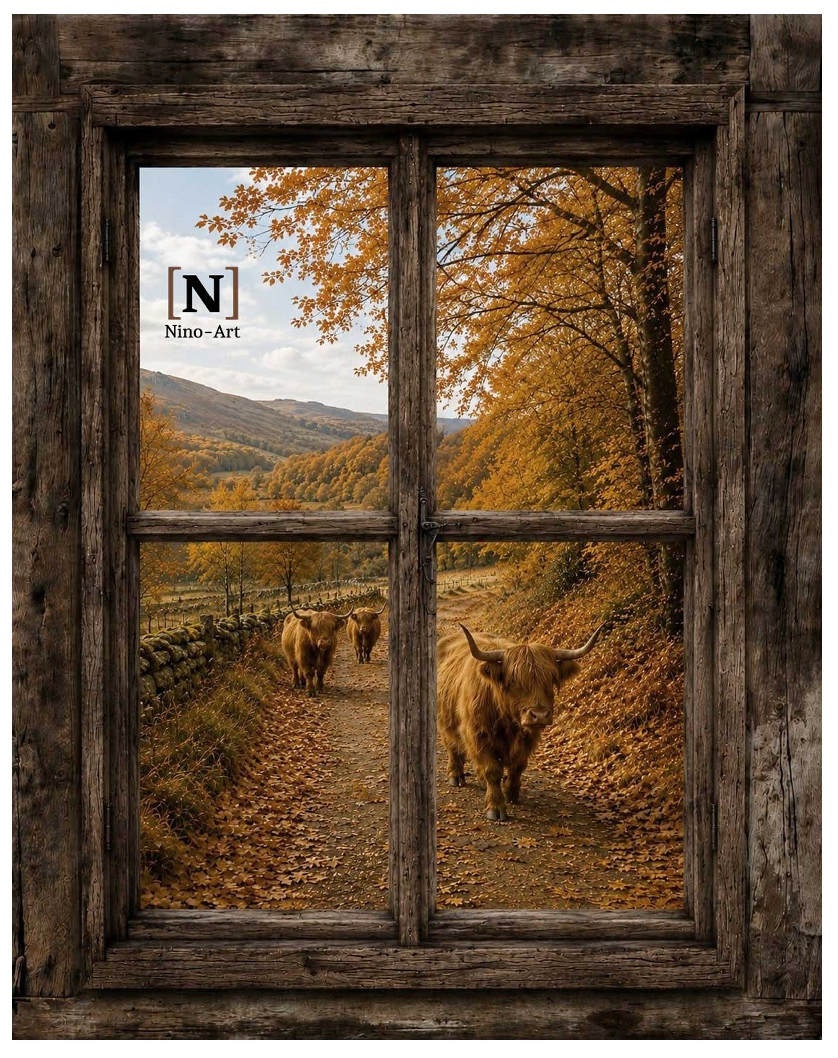 herfst-raam-hooglanders X10 Tuinposter raam Herfst hooglanders – Image 1
