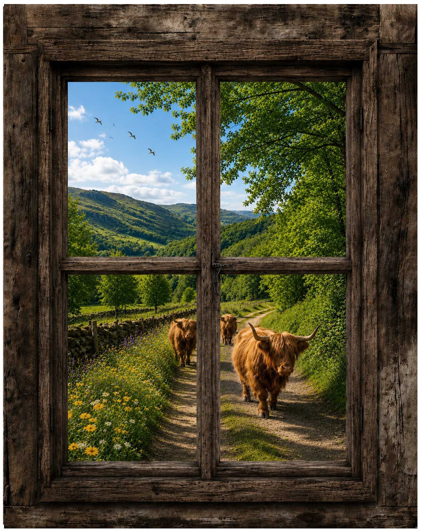 zomer-raam-hooglanders X12 Tuinposter Zomer raam Hooglanders – Bild 1